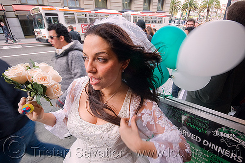 bride with bouquet and balloons - diana furka - brides of march (san francisco), balloons, bridal bouquet, bride, brides of march, flowers, wedding, white roses, woman