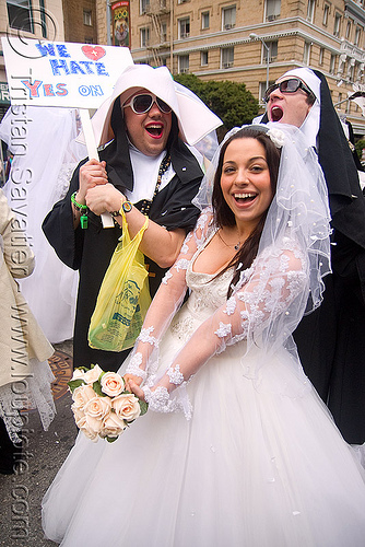 bride with nuns - diana furka - brides of march (san francisco), bridal bouquet, bride, brides of march, flowers, wedding dress, white roses, woman