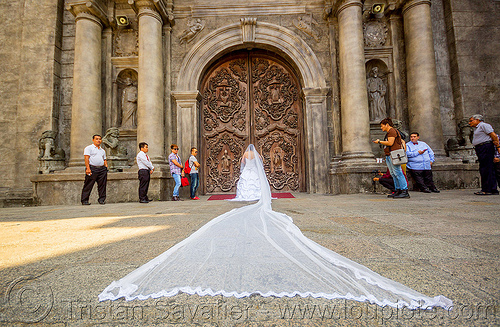 bride with very long veil - san augustin church - manila (philippines), bride, columns, door, long veil, manila, san augustin church, wedding dress, white, woman