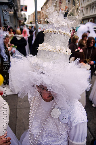 brides of march (san francisco), bride, brides of march, man, wedding cake, wedding hat, white