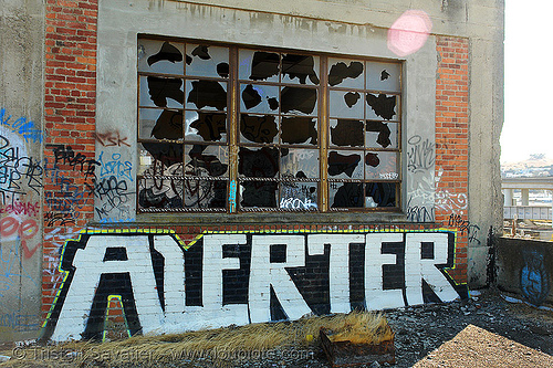 broken bay windows - alerter graffiti, alerter, bay windows, broken window, derelict, graffiti piece, street art, tie's warehouse, trespassing