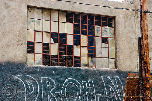 broken windows - abandoned factory, bay window, brick, broken windows, derelict, graffiti, tie's warehouse