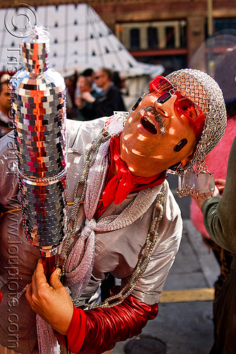 bruce beaudette - chainmail hood - disco mirrors (san francisco), bruce beaudette, chainmail  hood, costume, man, mirrors, red, sunglasses