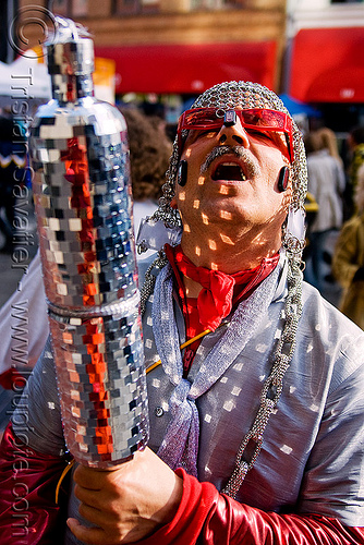 bruce beaudette - chainmail hood - disco mirrors (san francisco), bruce beaudette, chainmail  hood, costume, man, mirrors, red sunglasses