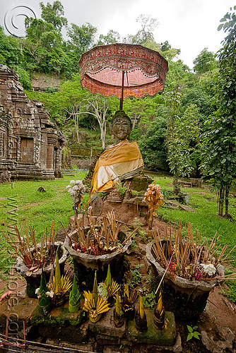 buddha statue with umbrella - wat phu champasak (laos), altar, buddha image, buddha statue, buddhism, incens, khmer temple, main shrine, umbrella, wat phu champasak