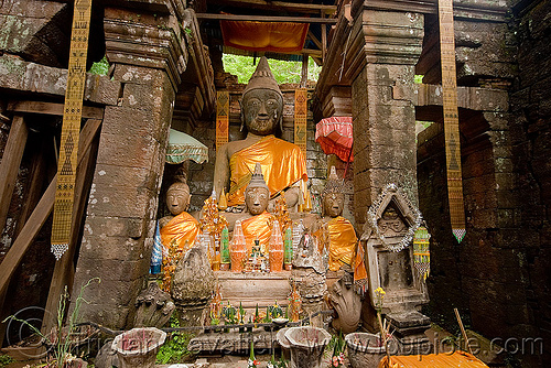 buddha statues in sanctuary - wat phu champasak (laos), buddha image, buddha statue, buddhism, cross-legged, khmer temple, main shrine, wat phu champasak