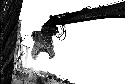 building demolition - dinosaur-looking hydraulic pulverizer jaws - machinery - breaking walls, anthropomorphic, at work, attachment, breaking, building demolition, concrete pulverizer, construction zone, crane, destruction, dinosaur, eating, france, head, horizontal, jaw crusher, machine, no people, open, part, pulverizer jaws, ruined, silhouette, style, teeth, working, wrecking