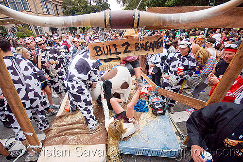 bull 2 breakers float - cow costumes, bay to breakers, bull 2 breakers, bull horns, carnival float, costume, cow costumes, crowd, footrace, street party