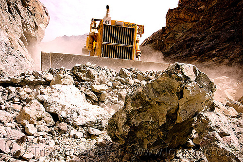 bulldozer clearing boulders - road construction - ladakh (india), at work, bd80, beml, bulldozer, dangerous, groundwork, ladakh, road construction, roadworks, rubble, working