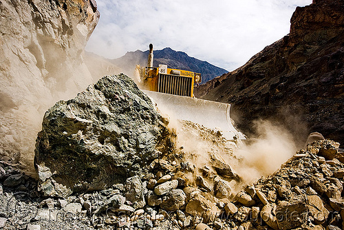 bulldozer clearing boulders - road construction - ladakh (india), at work, bd80, beml, bulldozer, dangerous, dust, groundwork, ladakh, road construction, roadworks, rubble, working