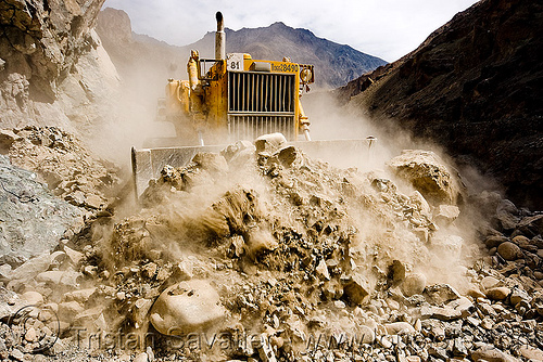 bulldozer clearing boulders - road construction - ladakh (india), at work, bd80, beml, bulldozer, dangerous, dust, groundwork, ladakh, mountains, road construction, roadworks, rubble, working
