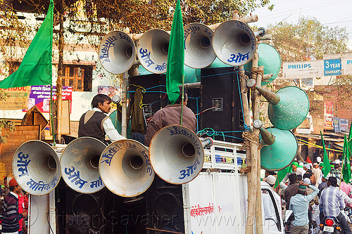 bullhorn loudspeakers on pickup truck - eid-milad-un-nabi muslim festival (india), bullhorns, crowd, eid e milad un nabi, eid e milād un nabī, islam, loudspeakers, mawlid, men, muhammad's birthday, muslim festival, muslim parade, nabi day, prophet's birthday, sound, speakers, عید میلاد النبی, ईद मिलाद नबी