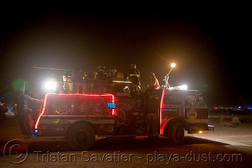 burning man - black rock city fire truck (with flame thrower!) - sparky, black rock city fire, burning man at night, fire engine, fire truck
