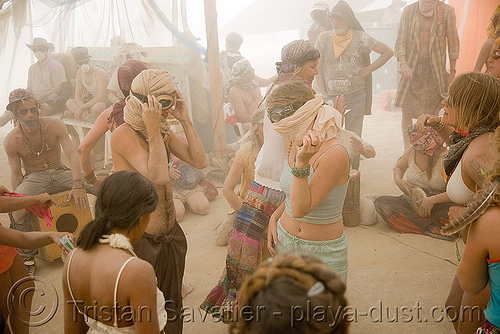 burning man - burners at center camp during dust storm, dust storm, playa dust, whiteout
