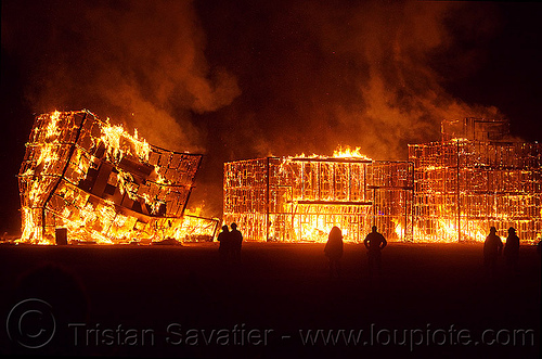 burning man - burning the wall street mock-up, buildings, burning man at night, fire, wall street