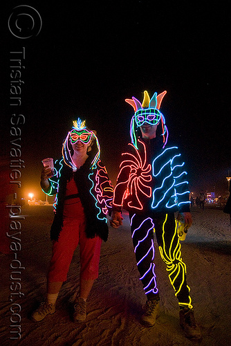 burning man - el-wire couple, burning man at night, el-wire costumes, electroluminescent wire, glowing