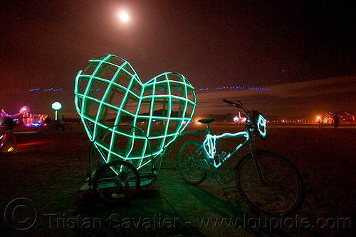 burning man - el-wire heart and full moon, bicycle, bike, burning man at night, el-wire heart, full moon, green heart, james hacking, mesh