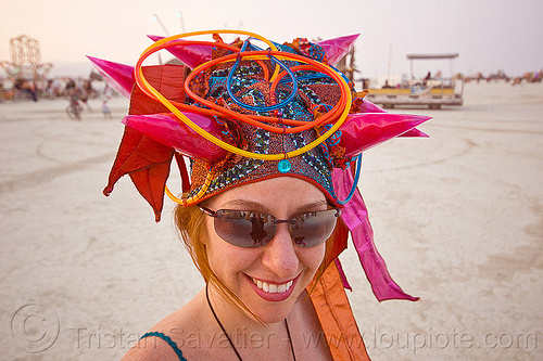 burning man - el-wire spiky hat, attire, burning man outfit, el-wire, hat, headdress, spiky, sunglasses, woman