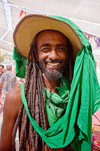 burning man - ethiopian man, bisrat, dreadlocks, green scarf, hat, man