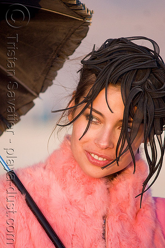 burning man - fashion model - olga, fuzzy, olga, pink, umbrella, woman