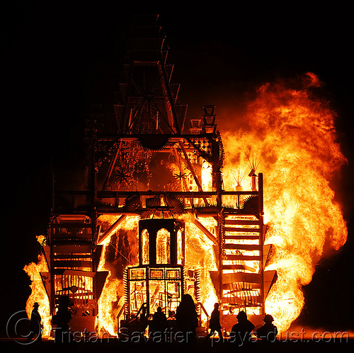 burning man - fire - temple burning - basura sagrada, basura sagrada, burning man at night, burning man temple, fire, temple burning
