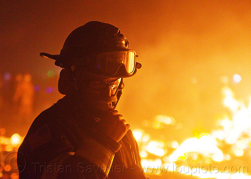 burning man - firefighter, burning man at night, fire, firefighter, goggles, helmet, night of the burn