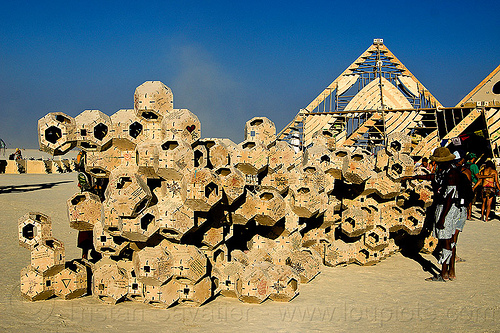 burning man - geometrical modular sculpture near the temple, burning man temple, modular, modules, temple of whollyness, wooden sculpture