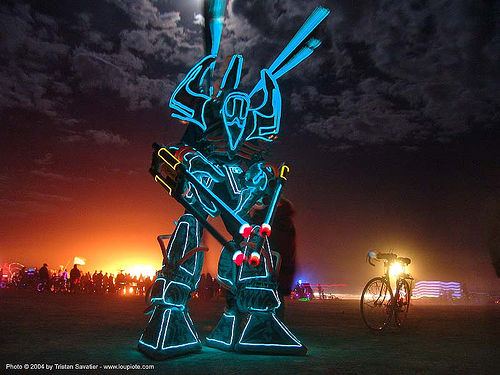 burning man - giant el-wire robot, burning man at night, el-wire, electroluminescent wire, glowing