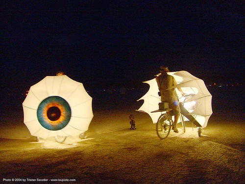 burning man - giant eyes - bicycles, bicycles, bikes, burning man at night, giant eyes