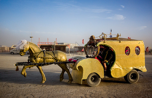 burning man - golden horse cart, burning man art cars, golden horse, horse cart, mutant vehicles, unidentified art car