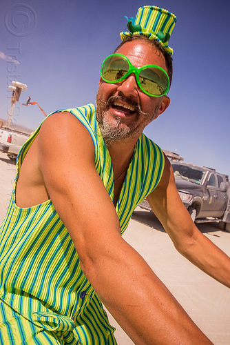 burning man - man in green stripe costume, attire, burning man outfit, costume, green sunglasses, hat, stripes