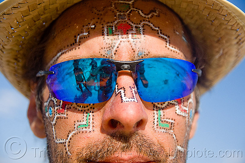 burning man - man with face painting, face painting, facepaint, man, straw hat, sunglasses