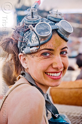 burning man - maro with her crazy goggles, attire, bendy flashlight, burning man outfit, maro, steampunk goggles, woman