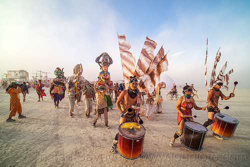 burning man - mazu marching band procession, chinese, drum band, drummers, drums, flags, marching band, mazu camp, performance