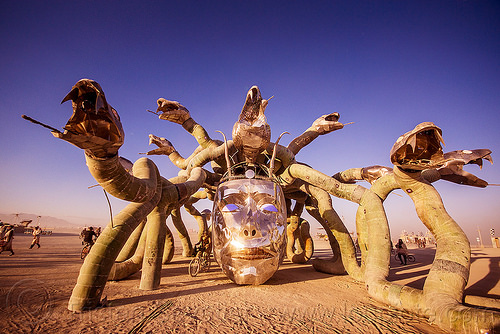 burning man - medusa and her snakes, art installation, head, kevin clark, medusa madness, sculpture, snakes, steel