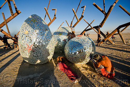 burning man - ménage à trois, by rob buchholz and crew, art installation, giant eggs, menage a trois, mosaic, ménage à trois, rob buchholz