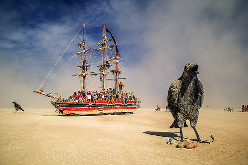 burning man - monaco ship - giant ravens, art car, art installation, art ship, burning man art cars, giant bird, giant crow, giant raven, monaco ship, mutant vehicles, paanuts, sculpture, tall ship