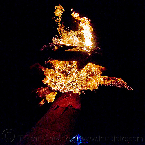 burning man - mushroom on fire - xylophage, art installation, burning man at night, fire, mushrooms, sculpture, xylophage