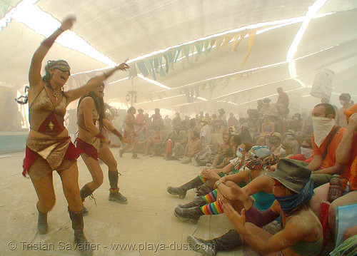 burning man - performance during the dust storm in center camp, dust storm, playa dust, whiteout