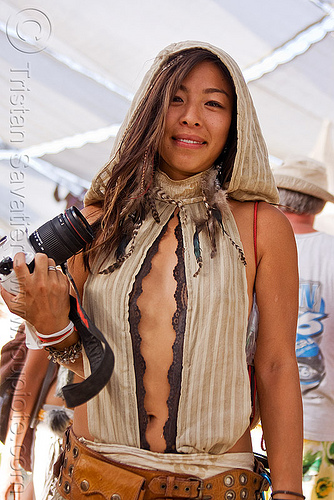 burning man - photographer at center camp - asian woman, asian woman, camera, fashion, photographer