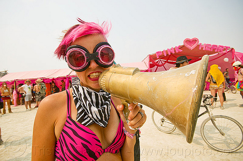 burning man - pink girl with bullhorn, attire, bullhorn, burning man outfit, goggles, pink heart camp, woman