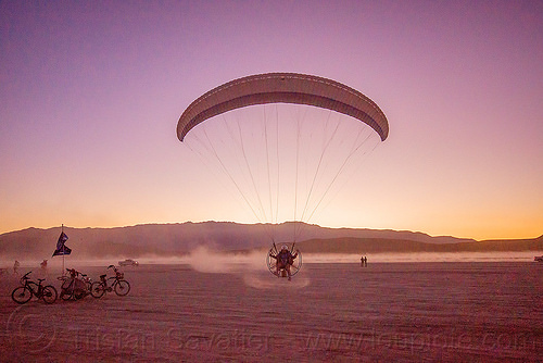 burning man - powered paragliding, brad gunnuscio, dusk, flying, man, paramotor, paramotoring, powered paraglider, powered paragliding