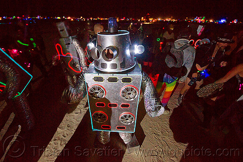 burning man - robot dance party, burning man at night, costumes, dance party robot, dancing, music, robot dance party, robots, sound system, speakers
