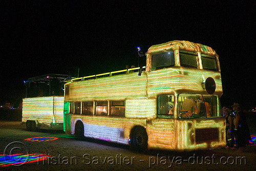 burning man - shagadelica, the glowing color-morphing fuzzy double-decker bus, art car, bristol vr, british bus, burning man art cars, burning man at night, double decker bus, double-decker, furry, fuzzy, glowing, mutant vehicles, shagadelica
