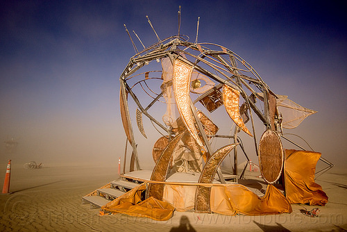 burning man - shiny fish monster sculpture - axayacoatl, art installation, axayacoatl, brass, copper, deep sea fish, mouth, orange, quetzacoatl, sculpture, teeth