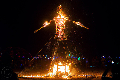 burning man - small man effigy burning, art installation, burning man at night, fire, sculpture
