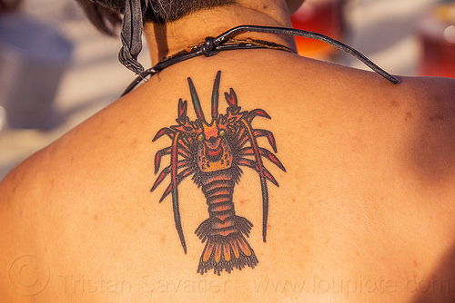 burning man - spiny lobster tattoo - 鯉罐竿, lobster tattoo, mazu camp, rock lobster, spiny lobster, woman