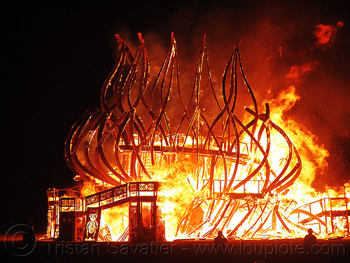 burning man - temple collapsing in fire, burning man at night, burning man temple, fire of fires