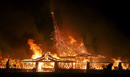 burning man - temple collapsing in fire, burning man at night, burning man temple, collapsing, fire