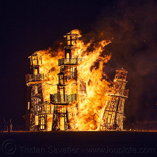 burning man - the lighthouse burning, art installation, black rock lighthouse, burning man at night, fire